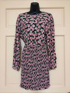 Zara Black Dress with Pink Floral Print and Green Leaves Smocked skirt